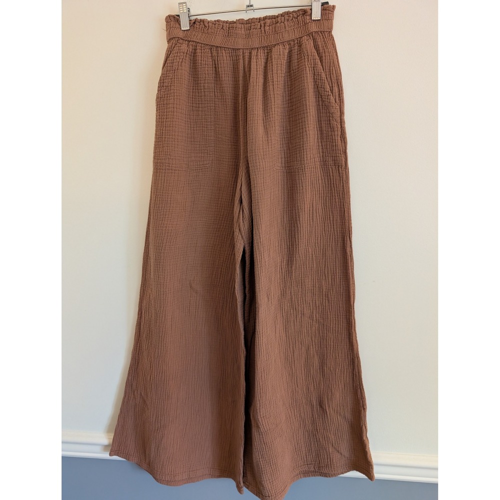 Aerie Brown Double Gauze Wide Leg Pants Smocked Waist Cotton Medium neutral